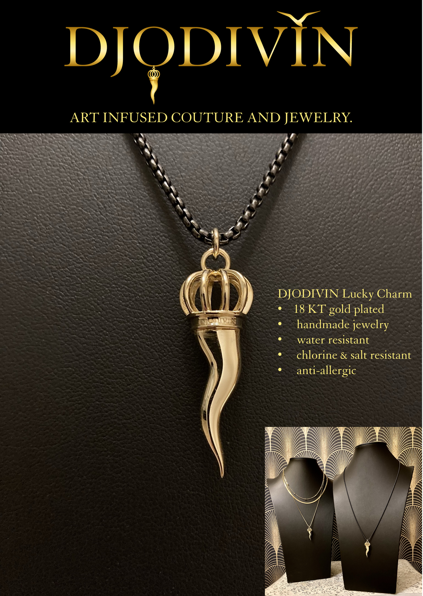Lucky Charm 3-layer Necklace, 18KT gold plated with Bullhorn